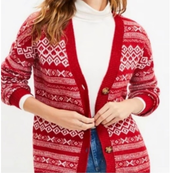 Fair Isle V-Neck Pocket Cardigan, Red and White, NEW - Picture 1 of 6